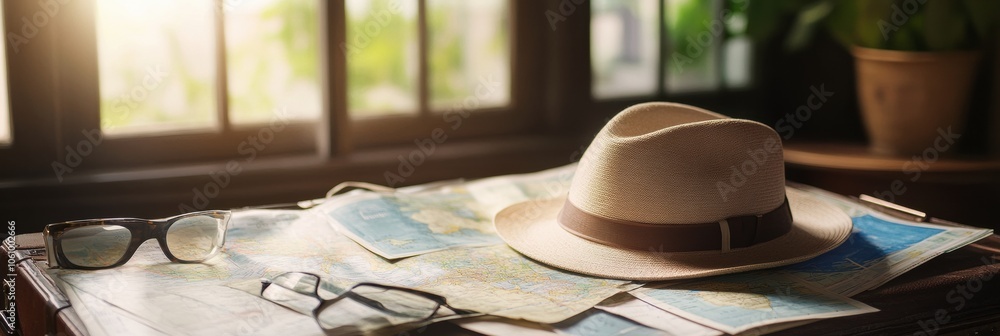 Poster a travel hat sits on an open suitcase, surrounded by colorful maps and guides, inviting exploration 