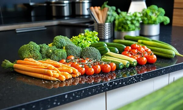 Fresh Vegetables On Sunlit Kitchen Island In Minimalist Setting