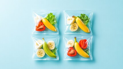 Naklejka premium A group of four plastic bags containing fruit and vegetables are placed on a blue surface against a light blue backdrop