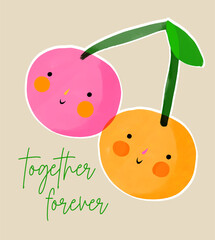 Two Happy Cherries On A Beige Background. Baby Shower Vector Card. Cute Twin Cherries. Together Forever. Infantile Drawing-like Hand Drawn Friendly Fruits. Nursery Art. Friendship Day Card. 