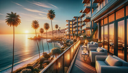 Resort in California, featuring ocean-view balconies that offer breathtaking vistas of the sparkling waters at sunset. The balconies are adorned with comfortable seating.