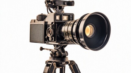 Vintage Film Camera Mounted on a Tripod Against a White Background