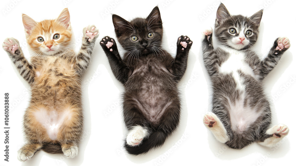 Poster three playful kittens are lying on their backs with their paws up generative ai