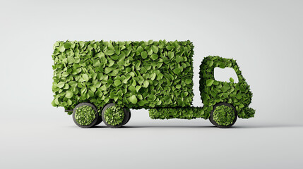 Green eco-friendly delivery truck made of leaves, concept of sustainable transportation, nature and modern technology blend for environmental awareness