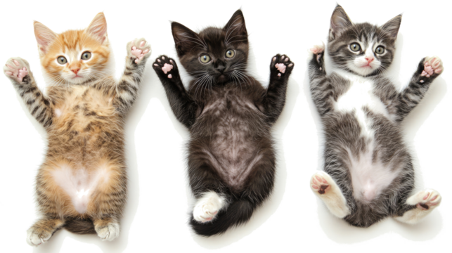 Three Playful Kittens Are Lying on Their Backs With Their Paws Up Generative AI