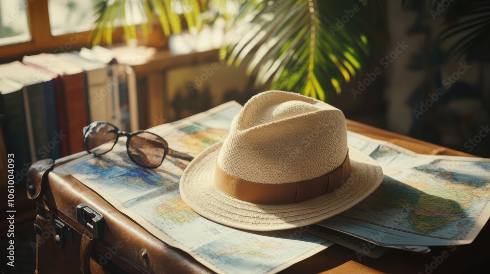 Poster a travel hat is placed on an open suitcase, surrounded by various maps and travel guides, hinting at