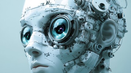 Fototapeta premium Close-up of a robot's face with intricate mechanical details and camera lenses for eyes.