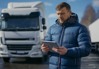 Middle-aged man using a tablet outdoors near trucks, concept of modern logistics and transport management, checking data in transport industry