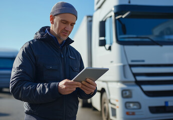 Middle-aged man using a tablet outdoors near trucks, concept of modern logistics and transport management, checking data in transport industry