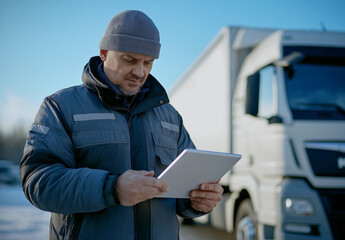 Middle-aged man using a tablet outdoors near trucks, concept of modern logistics and transport management, checking data in transport industry