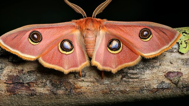 A large, pink moth with distinctive eye spots rests on a tree branch