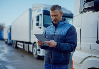 Middle-aged man using a tablet outdoors near trucks, concept of modern logistics and transport management, checking data in transport industry