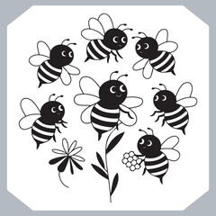 Bee simple logotype icon, Bee silhouette set collection, hand drawn Bee on white background