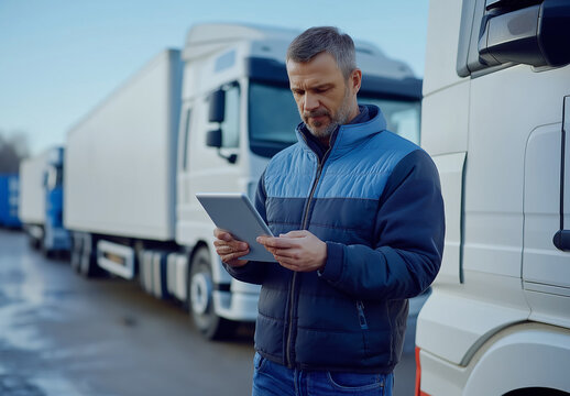 Middle-aged man using a tablet outdoors near trucks, concept of modern logistics and transport management, checking data in transport industry - Powered by Adobe