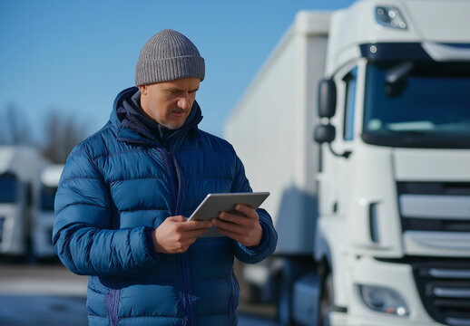 Middle-aged man using a tablet outdoors near trucks, concept of modern logistics and transport management, checking data in transport industry