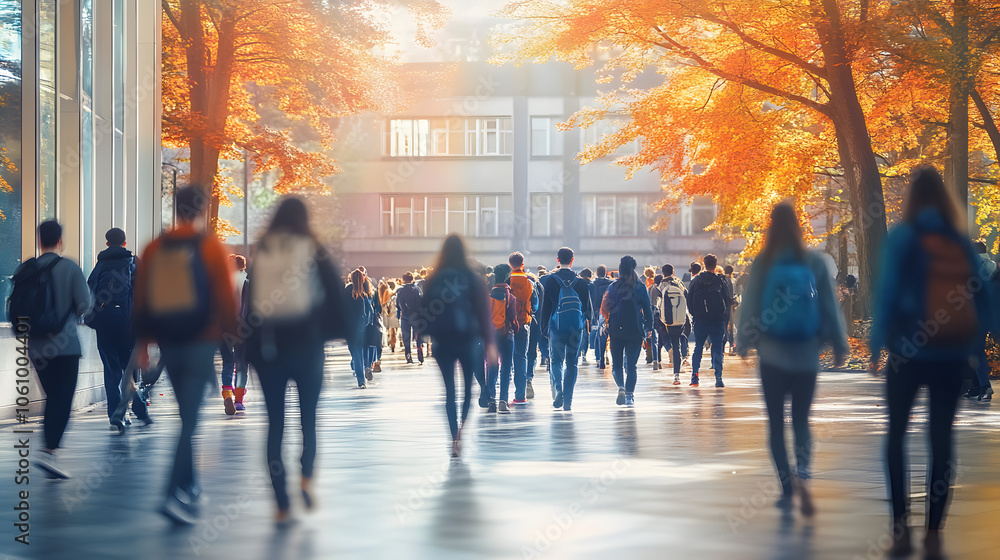 Poster students walking to class in a university or college environment. moving crowd motion blurred backgr
