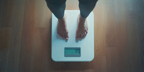 Digital scale with a woman, measuring overweight and fat, for diet and obesity, featuring feet and legs, with weight and body health, in a dieting and fitness context