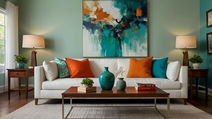 Modern Living Room with Abstract Art and Vibrant Decor