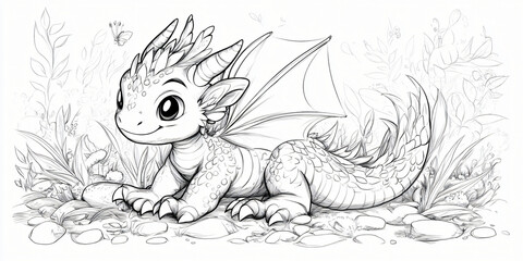 Obraz premium Dragon baby in coloring book, page features drawing of cute sketched animal, monster illustration art with funny cartoon character