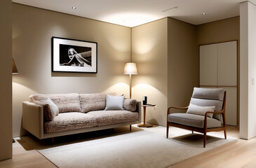 Minimalist, japandi style interior design of modern living room. Boucle sofa and accent armchair against beige wall with frame