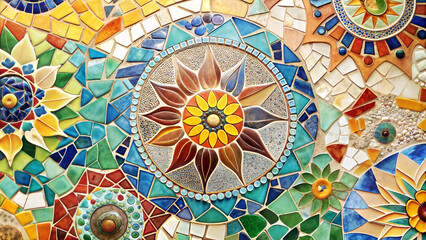 Obraz premium Vibrant mosaic pattern featuring floral designs and geometric shapes in colorful tiles 