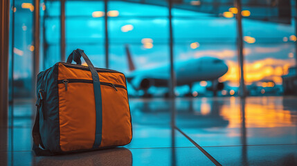 Travel backpack at modern airport terminal, early morning with airplane in background, journey and adventure concept, waiting for a flight departure