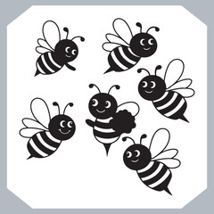 Bee simple logotype icon, Bee silhouette set collection, hand drawn Bee on white background