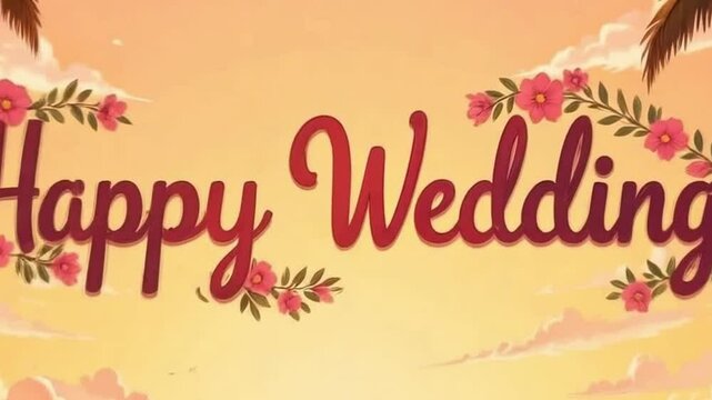 boho script font happy wedding with floral accents, animated sunset sky with swaying palm trees, dreamy visuals featuring muted tones and nature, romantic wedding design in serene colors