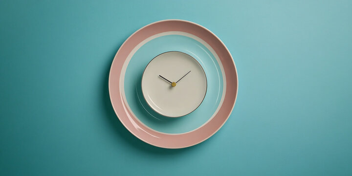 Empty plate with clock alarm, time to eat with intermittent fasting schedule, top view of breakfast and dinner times, diet plan display
