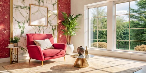 Fototapeta premium Stylish interior design of a lounge. A large armchair and walls with a marble texture.