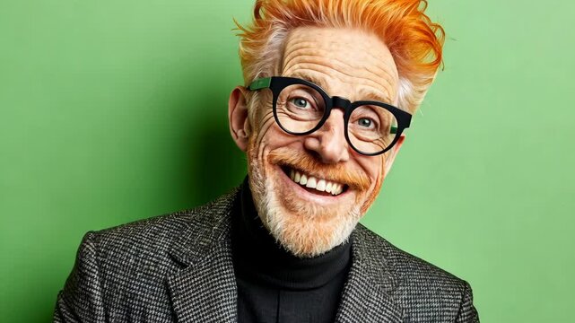 A man with red hair and a beard smiles brightly while wearing glasses and a patterned jacket