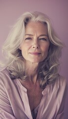 Fototapeta premium Thoughtful Middle-Aged Woman Portrait on Pastel Lavender Background