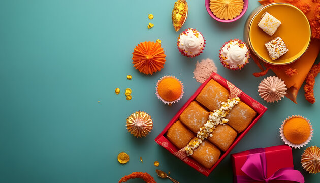 diwali party background with sweet traditional dessert gift box and decorations top view flat lay