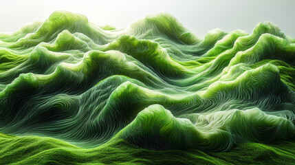 Fototapeta premium A hyper-detailed, high-contrast 3D rendering of abstract grass waves in green and gray tones. Generative AI