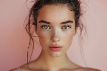 Confident Young Woman with Determined Look on Light Pink Monochrome Background