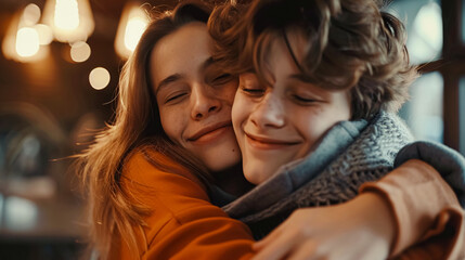 Fototapeta premium Happy Mother Hugging Her Teenage Son and Rejoicing After Reconciling with Her Son, with Whom She Had a Complicated Relationship