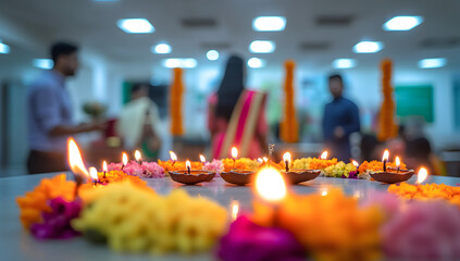 Corporate Diwali Celebration: Gift Exchange and Diyas in a Festive Office Setting