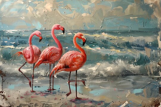 Pink flamingos in a coast landscape scenary