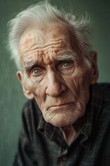Obraz premium Contemplative Elderly Man Portrait with Deep Expression on Green Background