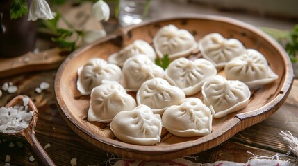 Fototapeta premium A plate of freshly made heart-shaped dumplings, beautifully laid out on a wooden surface, creates a feeling of warmth and home enjoyment. Perfect for foodies and food photographers.