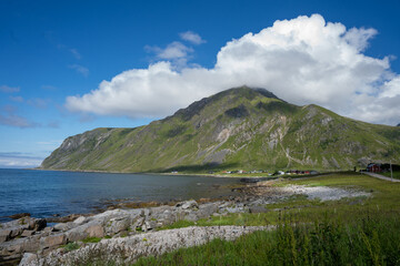 Fototapeta premium Beautiful green mountain and fjord landscape in Lofoten islands, Norway