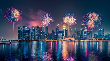 Colorful fireworks burst in the night sky, reflecting on the water as the city skyline glows brightly, celebrating a festive occasion along the shore