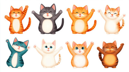 Obraz premium Eight adorable cartoon cats with raised paws, each with unique colors and patterns, stand joyfully on white background. Their playful expressions add charm to scene