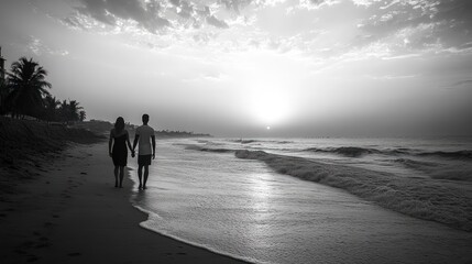 Fototapeta premium Silhouettes of a couple walking hand-in-hand along a sandy beach at sunrise.