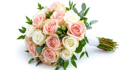 beautiful bouquet of pink and white roses with green leaves, elegantly arranged on white background