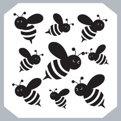 Bee simple logotype icon, Bee silhouette set collection, hand drawn Bee on white background