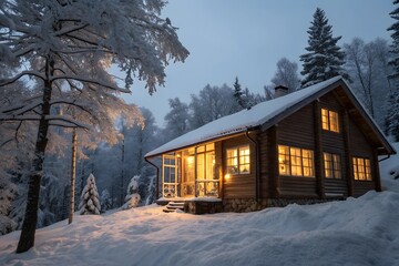 Cozy winter cabin scene with warm light shining through windows, capturing holiday spirit.