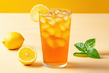refreshing glass of iced tea with lemon and basil on bright yellow background. vibrant colors and fresh ingredients evoke sense of summer and relaxation. Beverage theme.