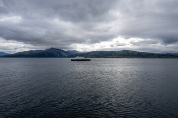 Lofoten Islands, Norway - 07.08.2024: Ferry in fjord in Norway