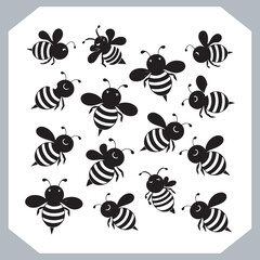 Bee simple logotype icon, Bee silhouette set collection, hand drawn Bee on white background